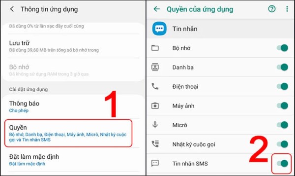 Vào mục Quyền và bật quyền truy cập SMS
