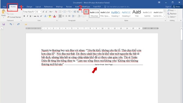 Chọn tab "Home", rồi bấm vào biểu tượng "Show/Hide" thuộc nhóm "Paragraph"