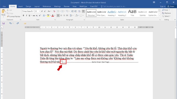 Di chuyển con trỏ chuột đến vị trí ngay trước Section Break cần xóa