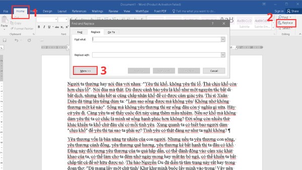 Vào tab "Home", chọn mục "Replace", rồi nhấn "More" để mở rộng các lựa chọn