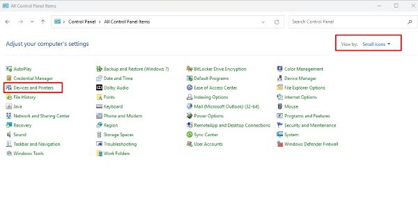 Mở cửa sổ “Devices and Printers”