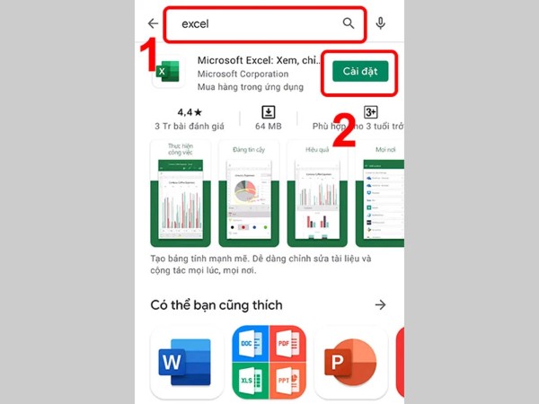 Nhập từ khóa “Excel”, sau đó bấm vào nút “Cài đặt”