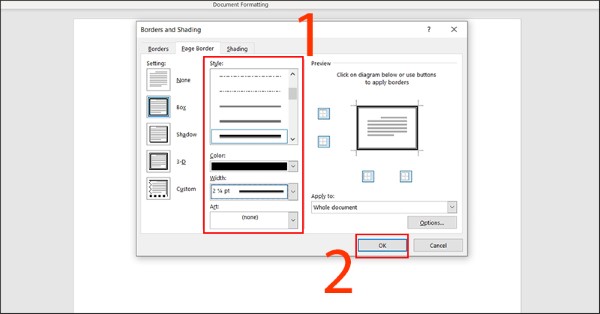Chọn kiểu đường viền tại mục Settings