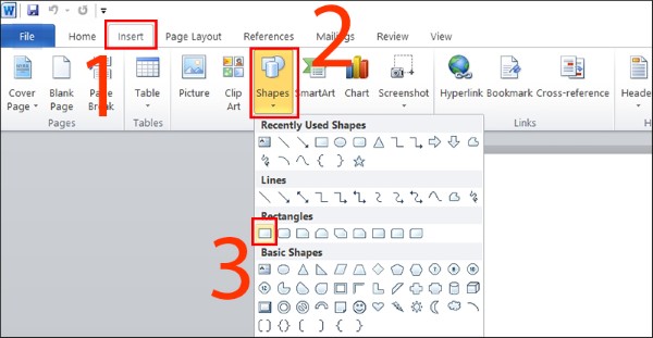 Chọn Insert và chọn Shapes