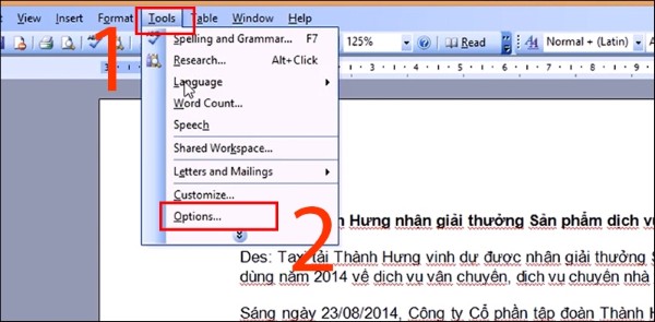 Truy cập vào Tools chọn Options