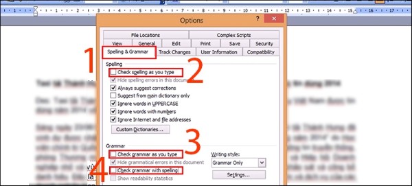 Bỏ dấu chọn ở ba mục tại tab Spelling & Grammar