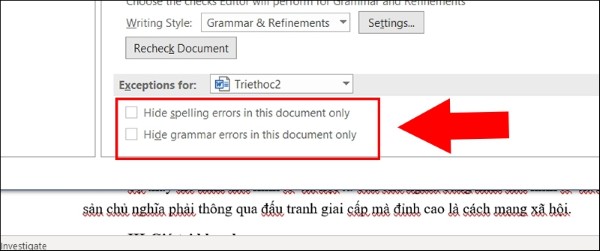 Bỏ chọn các mục như trên