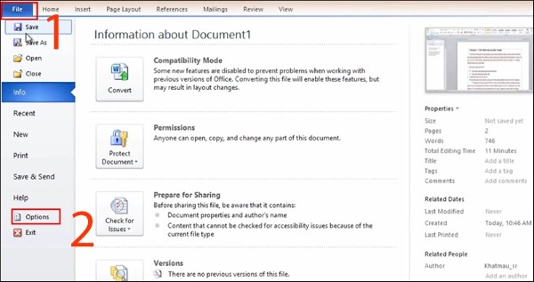 Nhấn chọn File và chọn Options
