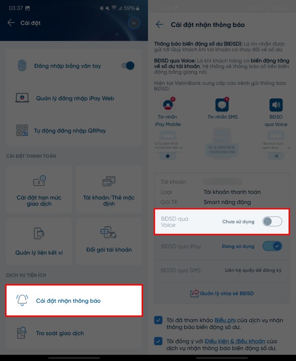 Chọn Cài đặt nhận thông báo và kích hoạt mục Biến động số dư qua giọng nói 
