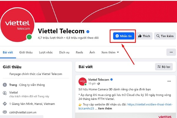 Nhắn tin liên hệ Fanpage Viettel Telecom