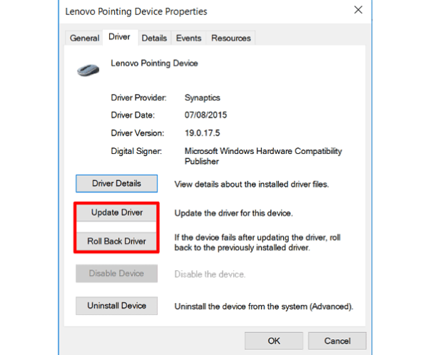 Chọn Properties → Driver → Roll Back Driver tại mục Touchpad