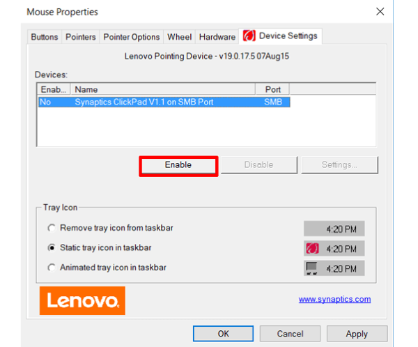 Chọn Enable để kích hoạt lại Touchpad