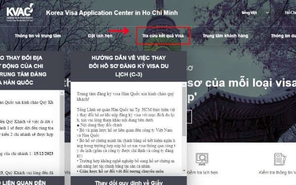 Chọn vào mục “Tra cứu kết quả visa”