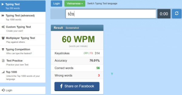 10FastFingers là công cụ kiểm tra tốc độ gõ phổ biến
