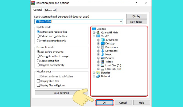 Chọn vị trí lưu và nhấn Extract