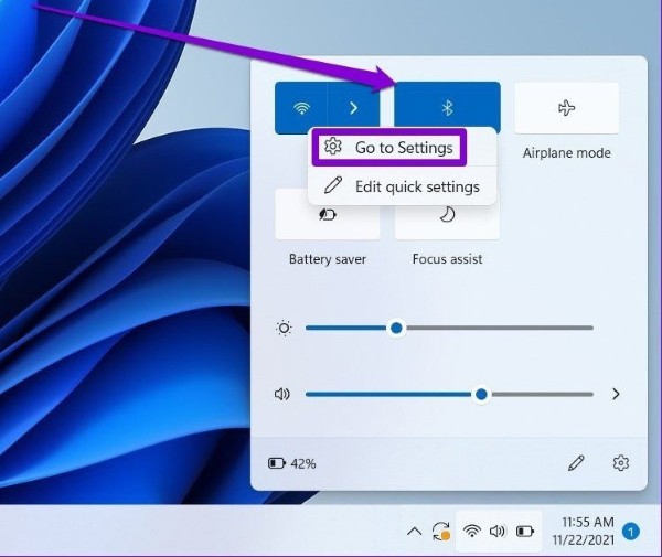 Nhấn chuột phải vào biểu tượng Bluetooth, chọn "Go to Settings"