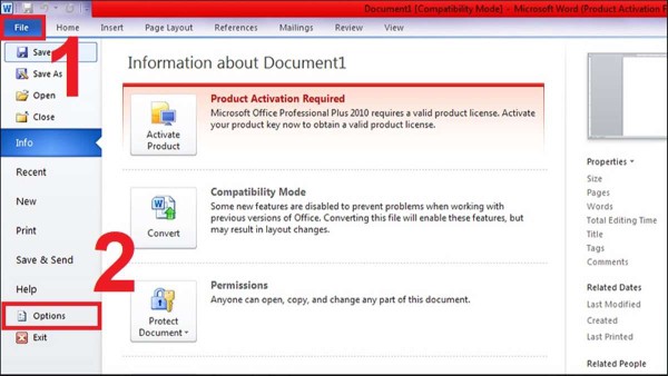 Nhấp vào tab 'File' (nằm ở góc trên bên trái giao diện Word)