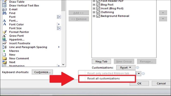 Chọn 'Reset all customizations'