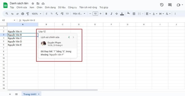 Cửa sổ nhỏ hiển thị người đã chỉnh sửa ô này gần đây