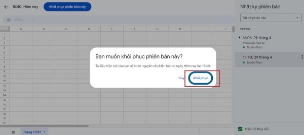 Google Sheet cho phép khôi phục lại các phiên bản cũ