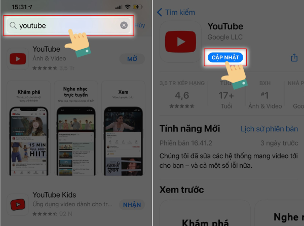 Tìm YouTube và nhấn "Cập nhật"
