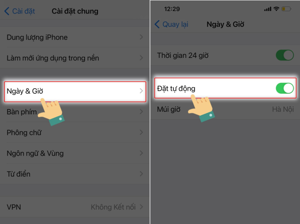 Chọn Ngày và Giờ → Bật "Đặt tự động"
