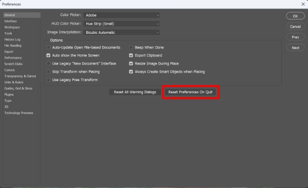 Mở tùy chọn Reset Preferences On Quit