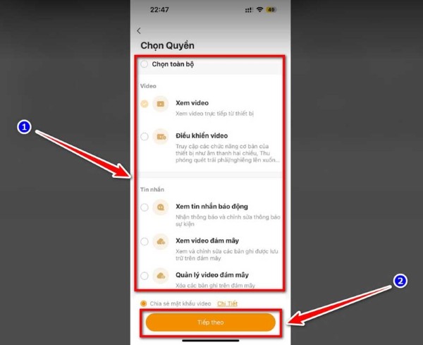 Chọn các mức độ chia sẻ quyền truy cập