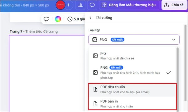 Chọn loại tệp là PDF chuẩn hoặc bản in