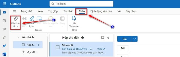 Nhấn vào tab Chèn (Insert), chọn Đính kèm tệp (Attach File)
