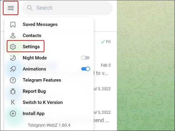 Tại menu chọn Settings