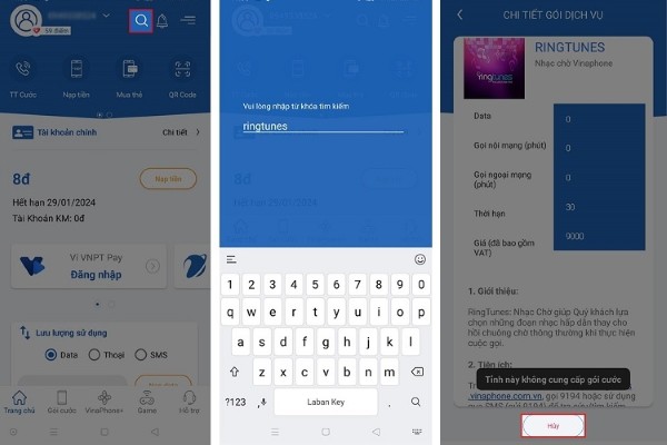 Gõ từ khóa “Ringtunes” và nhấn chọn “Hủy”dịch vụ nhạc chờ