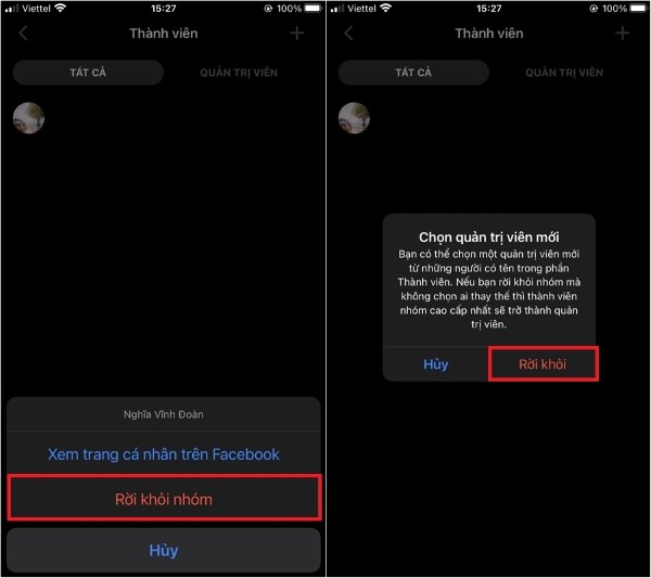 Chọn “Rời khỏi nhóm” để kết thúc nhóm