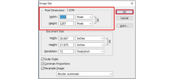 Nhập kích thước vào ô Width (chiều ngang) và Height (chiều dọc)