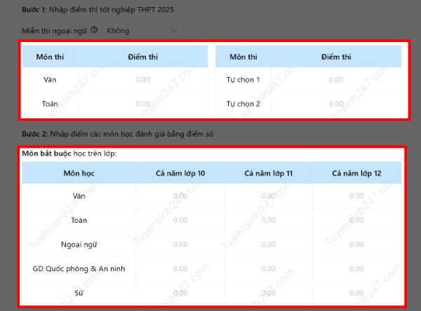 Điền đầy đủ điểm các môn thi và điểm số khác theo yêu cầu