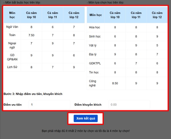 Nhấn vào “Xem kết quả”