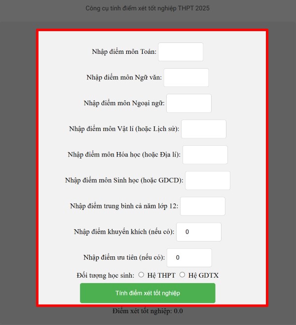 Nhập thông tin về điểm số kỳ thi và các điểm số khác