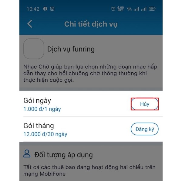 Chọn Hủy tại mục và gói tương ứng