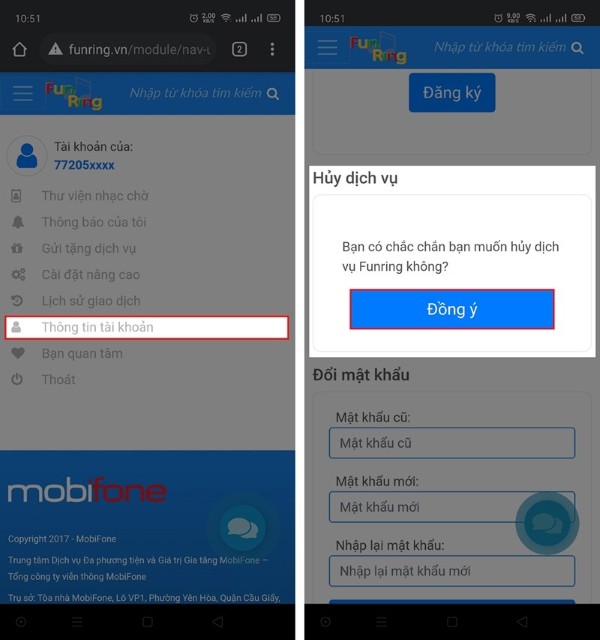 Chọn mục Thông tin tài khoản → Hủy dịch vụ