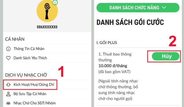 Chọn “Kích hoạt/Hủy/Dừng dịch vụ”