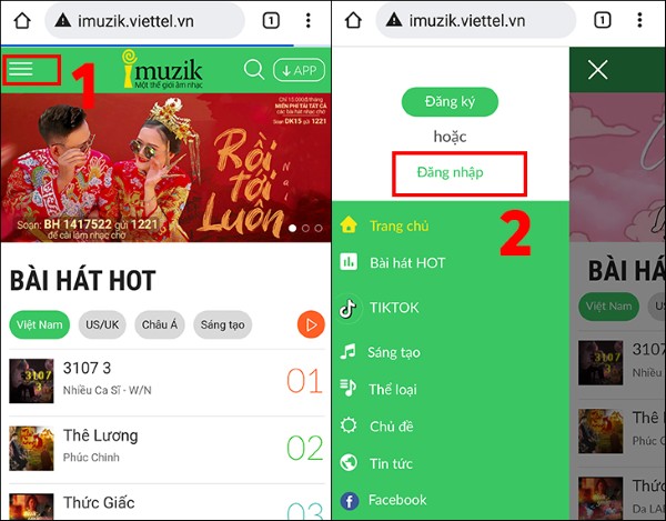 Nhấn vào biểu tượng dấu ba gạch và chọn “Đăng nhập”