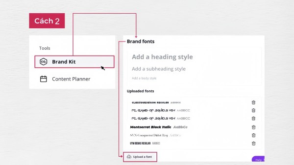 Chọn Upload a font và tải lên file font Việt hóa