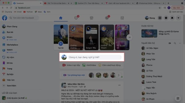 Nhấn vào phần “Bạn đang nghĩ gì thế?” và nhập nội dung