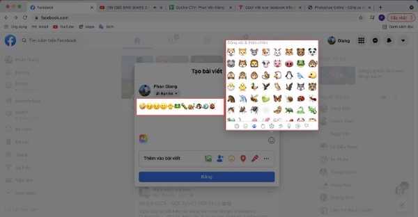 Nhấn vào icon muốn chèn vào nội dung bài viết