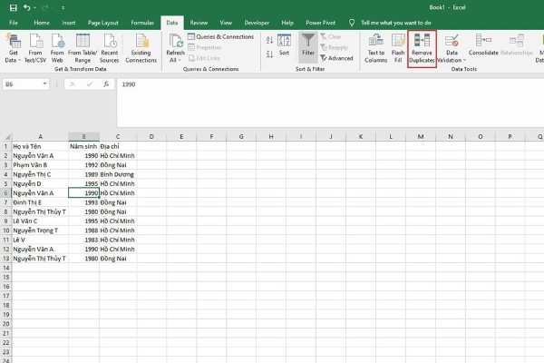 Chọn Remove Duplicates tại mục Data Tools