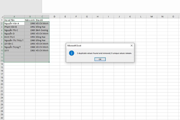 Nhấn OK để tự động xóa các hàng lặp