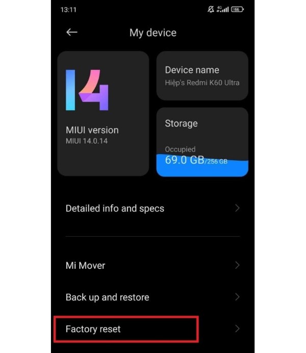 Chọn Factory Reset