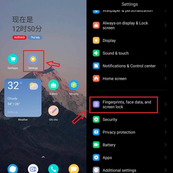 Chọn Fingerprints, face data and screen lock