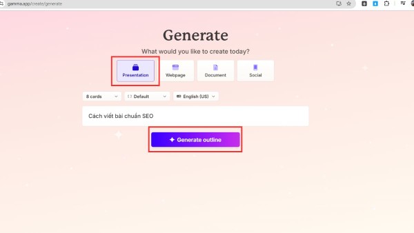 Nhấn "Create" → "Presentation" để tạo silde