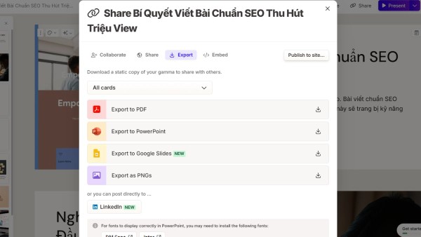 Bài thiết trình có thể xuất file dưới dạng PPTX, PDF hoặc chia sẻ online qua link